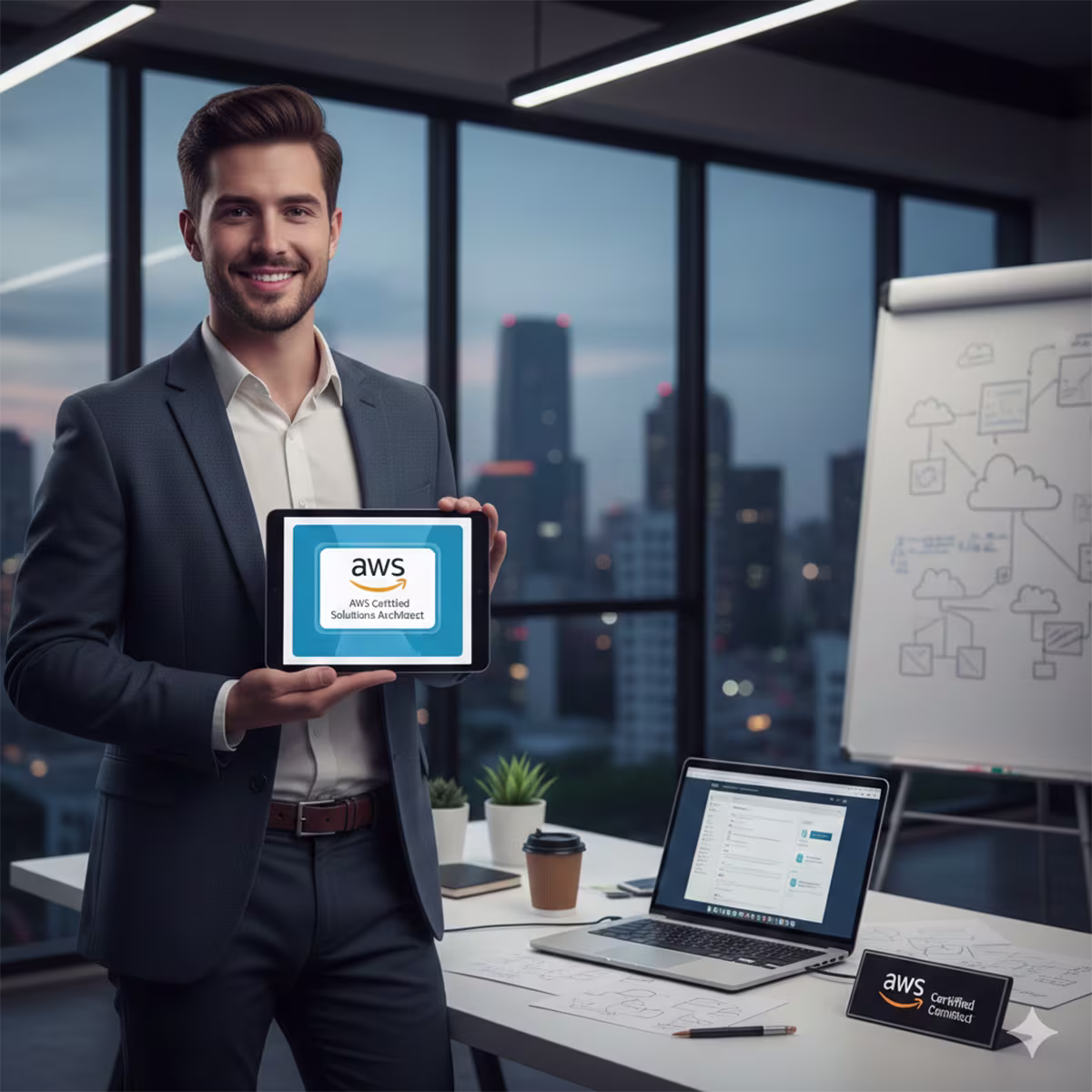Mann mit AWS Solutions Architect-Zertifikat