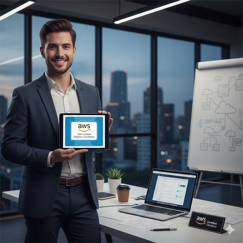 Mann mit AWS Solutions Architect-Zertifikat