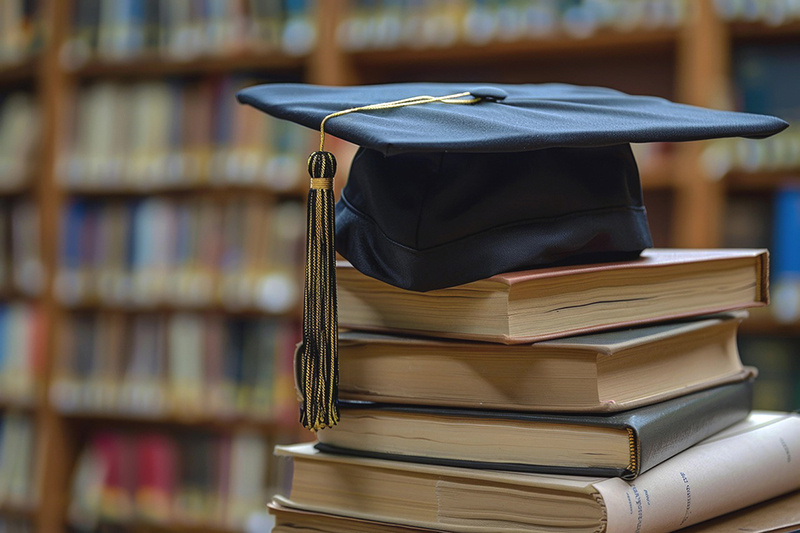Viele Bücher und ein Absolventenhut in der Bibliothek