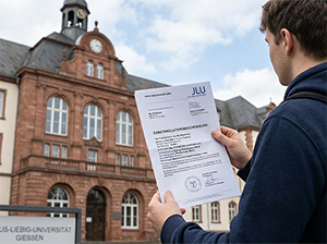 Abschied von der JLU Student mit Exmatrikulationsbescheinigung vor dem Hauptgebäude in Gießen-1