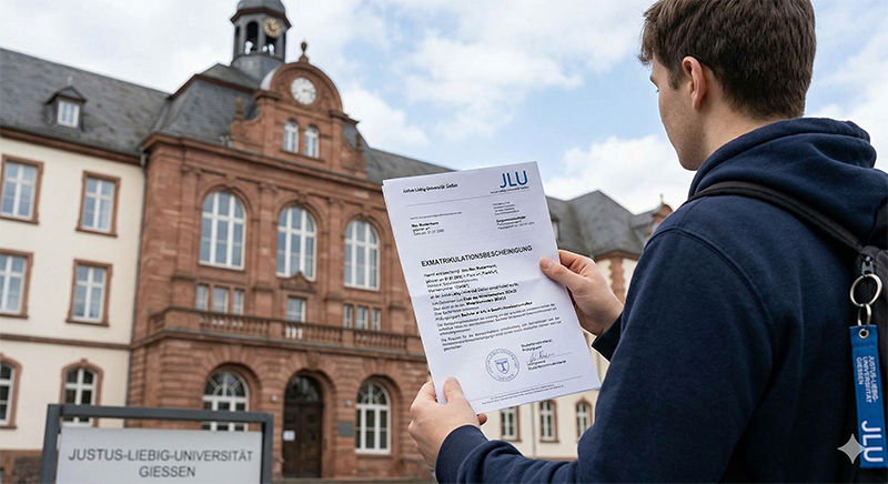 Abschied von der JLU Student mit Exmatrikulationsbescheinigung vor dem Hauptgebäude in Gießen