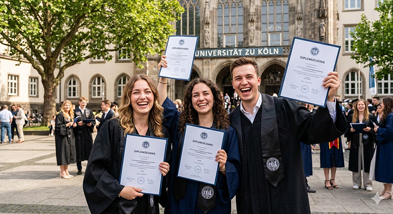Absolventen der Universität zu Köln mit ihren Diplomzeugnissen