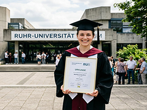 Absolventin mit Bachelorurkunde vor der Ruhr-Universität Bochum-1