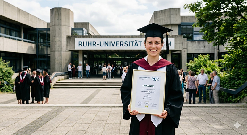 Absolventin mit Bachelorurkunde vor der Ruhr-Universität Bochum