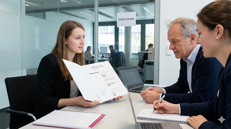 Bewerbungsgespräch mit Bachelorurkunde der Universität Kassel