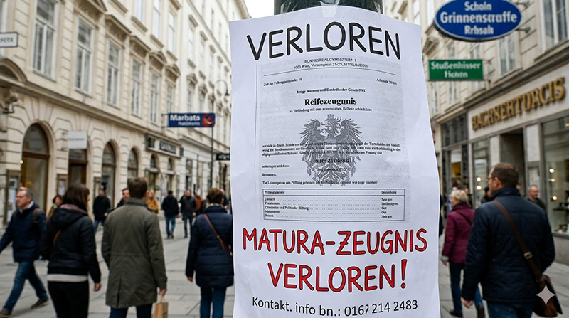 Bild der verlorenen Matura‑Zeugnis-Bekanntmachung