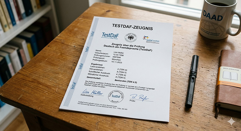 Das TestDaF-Zeugnis auf dem Schreibtisch