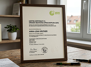 Das gerahmte C2-Zertifikat auf dem Schreibtisch-1