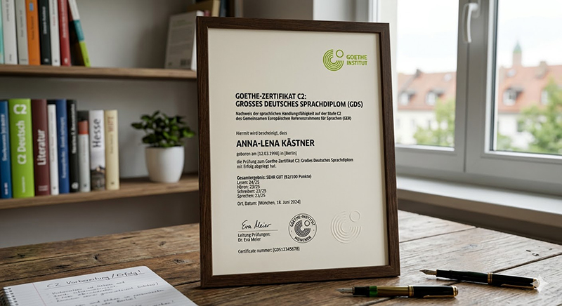 Das gerahmte C2-Zertifikat auf dem Schreibtisch