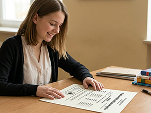 Eine Realschülerin betrachtet glücklich ihr Abschlusszeugnis-1