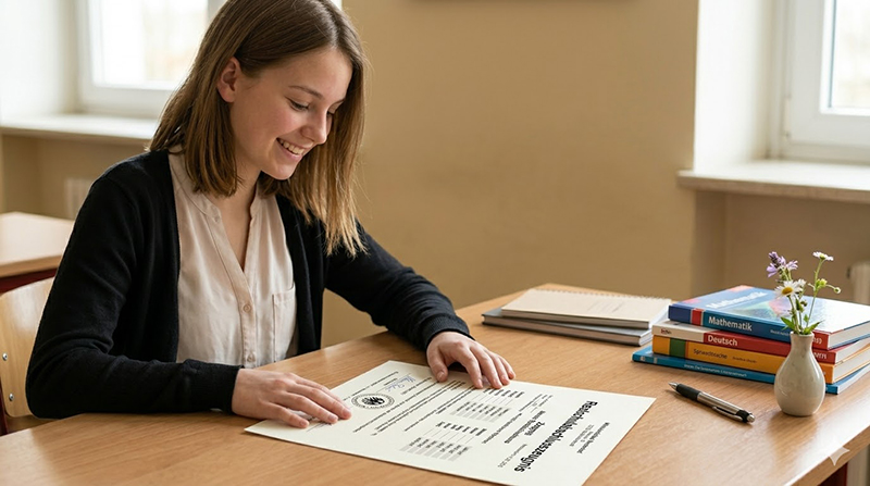 Eine Realschülerin betrachtet glücklich ihr Abschlusszeugnis