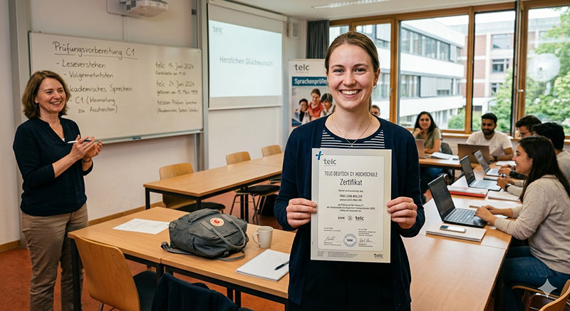 Erfolgreiche telc Deutsch C1 Hochschule Prüfung im Klassenzimmer