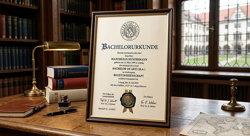Geriehmte Bachelorurkunde der Universität Leipzig im Studiengang Rechtswissenschaft