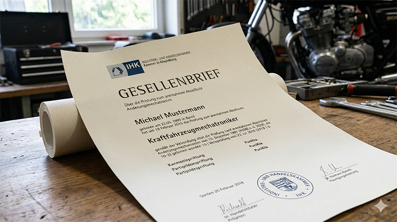 IHK-Gesellenbrief eines Kraftfahrzeugmechatronikers