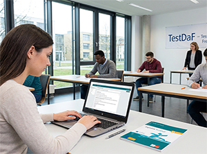 Kandidaten beim TestDaF (Papier und Digital) in einem modernen Prüfungszentrum-1