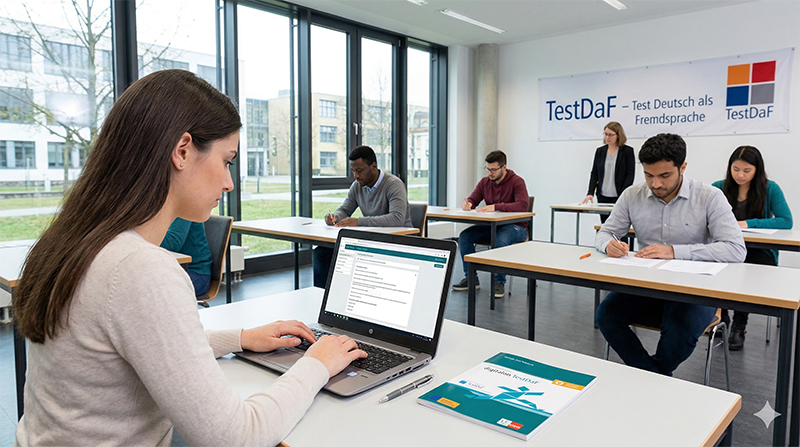 Kandidaten beim TestDaF (Papier und Digital) in einem modernen Prüfungszentrum