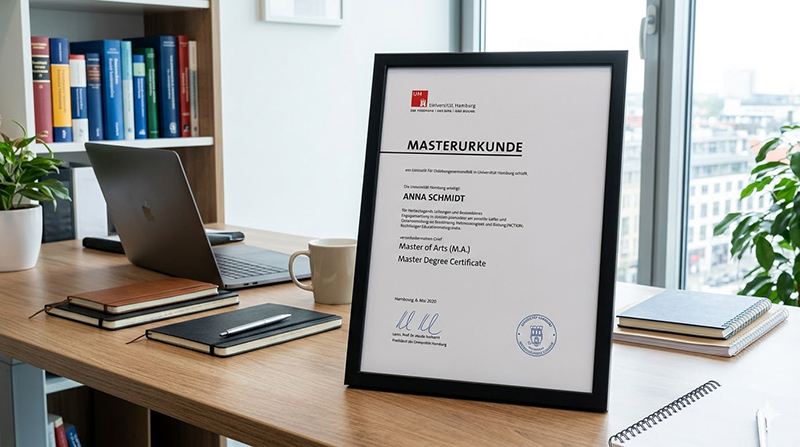 Masterurkunde der Universität Hamburg im Büro