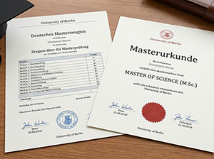 Masterurkunde und Zeugnis auf einem Schreibtisch-1
