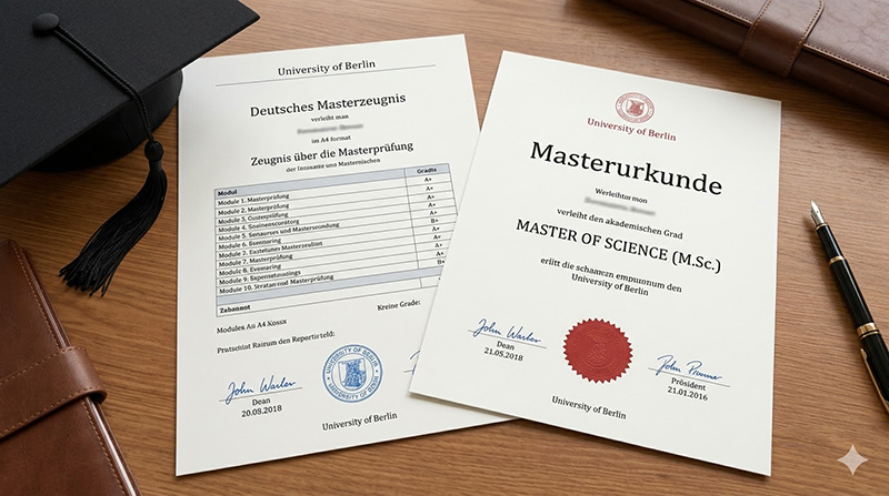 Masterurkunde und Zeugnis auf einem Schreibtisch