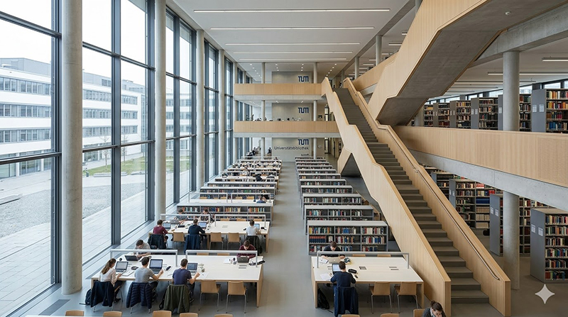 Moderner Lesesaal der Universitätsbibliothek der TUM am Stammgelände
