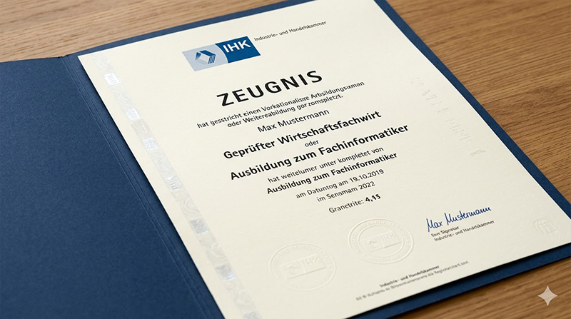 Muster eines IHK‑Zertifikat in einer Urkundenmappe