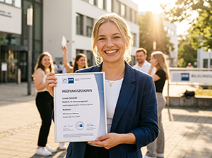Stolze Absolventin mit ihrem IHK-Prüfungszeugnis-1