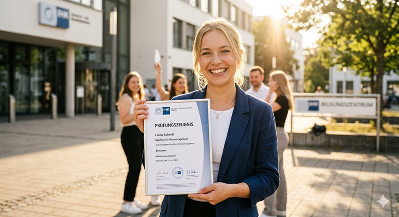Stolze Absolventin mit ihrem IHK-Prüfungszeugnis