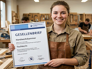 Stolze Tischlerin mit ihrem Gesellenbrief der Handwerkskammer-1