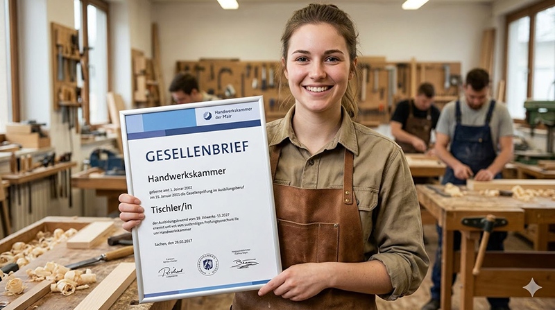 Stolze Tischlerin mit ihrem Gesellenbrief der Handwerkskammer