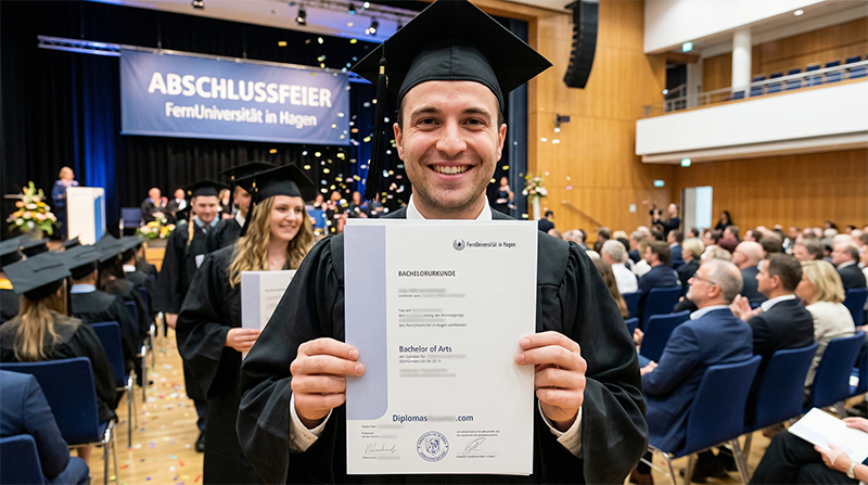 Absolvent der FernUniversität in Hagen mit Bachelorurkunde bei der Abschlussfeier