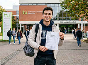 Absolvent der Technischen Universität Dortmund mit Zeugnis vor dem Hörsaalgebäude-1