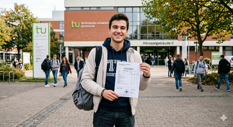 Absolvent der Technischen Universität Dortmund mit Zeugnis vor dem Hörsaalgebäude