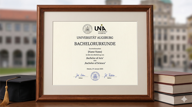 Bachelorurkunde der Universität Augsburg in einem eleganten Holzrahmen