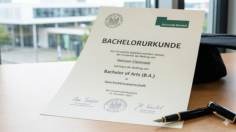 Bachelorurkunde der Universität Bielefeld auf einem Schreibtisch