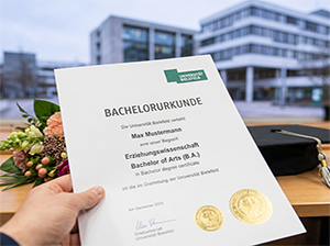 Bachelorurkunde der Universität Bielefeld vor dem Hauptgebäude-1