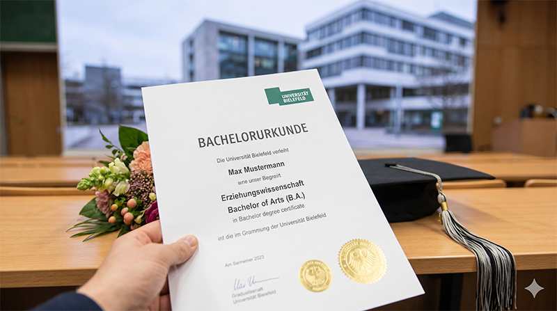 Bachelorurkunde der Universität Bielefeld vor dem Hauptgebäude