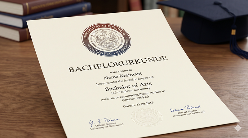 Bachelorurkunde der Universität Greifswald auf einem Schreibtisch