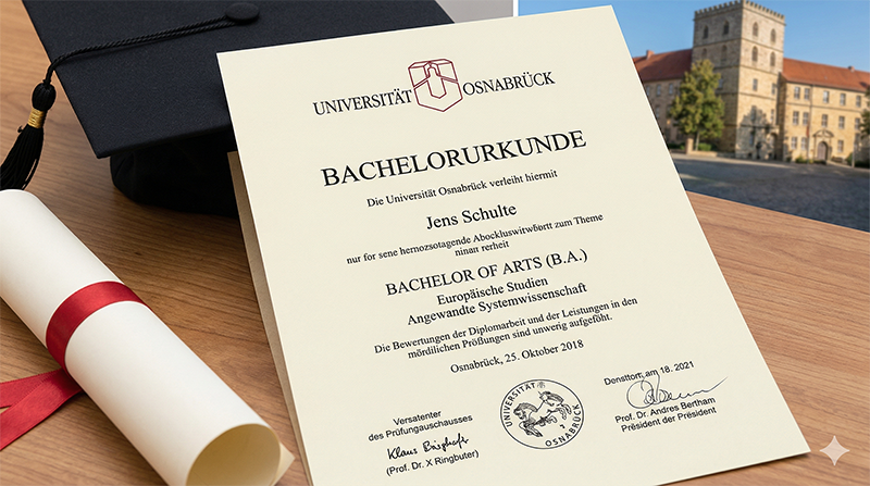 Bachelorurkunde der Universität Osnabrück mit Doktorhut und Diplomrolle