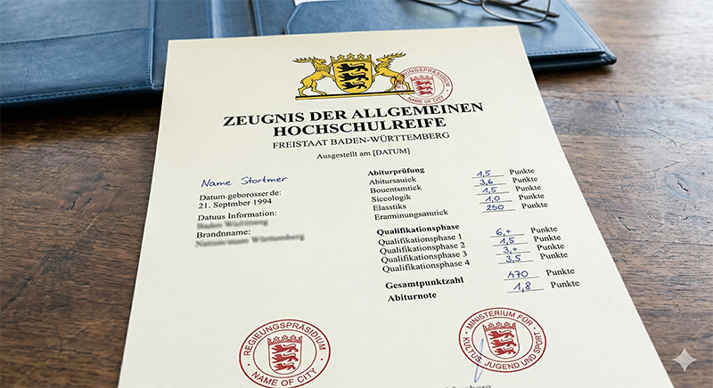 Beschreibend Muster eines baden-württembergischen Abiturzeugnisses auf einem Holztisch