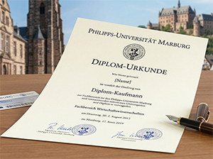 Diplom-Urkunde der Philipps-Universität Marburg auf einem Schreibtisch-1