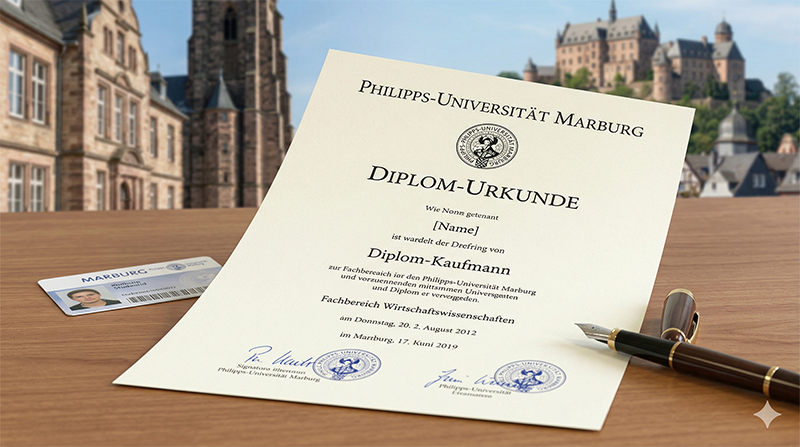 Diplom-Urkunde der Philipps-Universität Marburg auf einem Schreibtisch