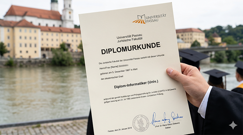 Diplomurkunde der Universität Passau vor der Kulisse der Passauer Altstadt und des Inns