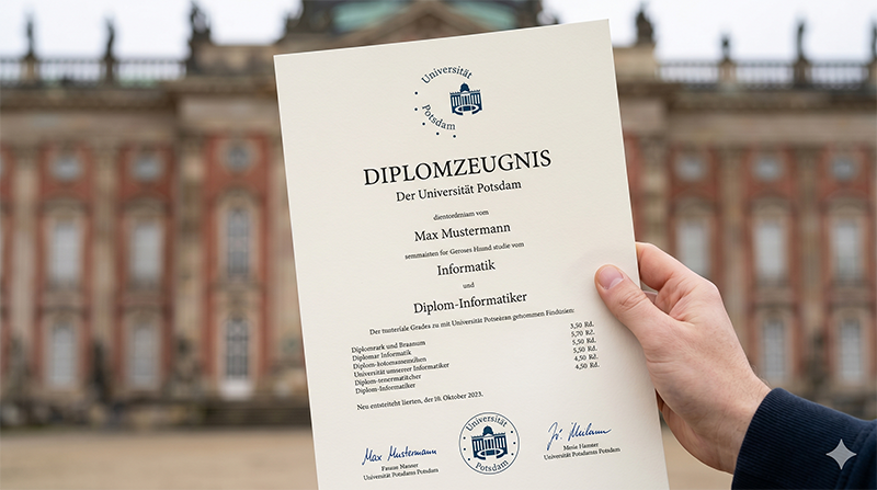 Diplomzeugnis der Universität Potsdam vor dem Neuen Palais