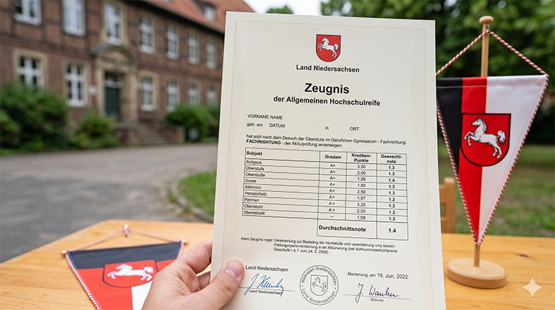 Ein niedersächsisches Abiturzeugnis vor einer Schule
