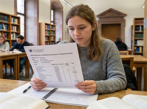 Eine Studentin der Universität Mannheim beim Überprüfen ihrer Notenübersicht in der Bibliothek-1