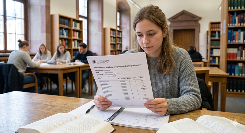 Eine Studentin der Universität Mannheim beim Überprüfen ihrer Notenübersicht in der Bibliothek
