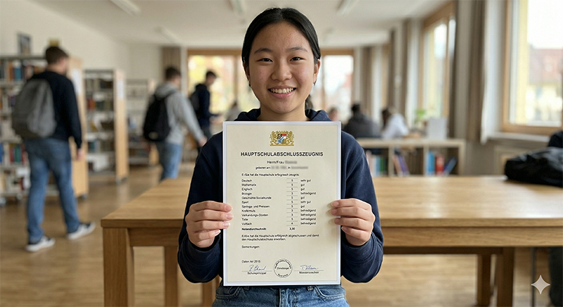 Eine stolze Schülerin mit ihrem Hauptschulabschlusszeugnis