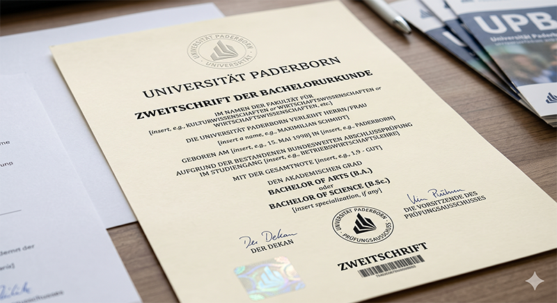 Entwurf einer Zweitschrift der Bachelorurkunde der Universität Paderborn