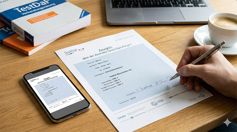 Erfolgreiches TestDaF-Ergebnis auf dem Schreibtisch