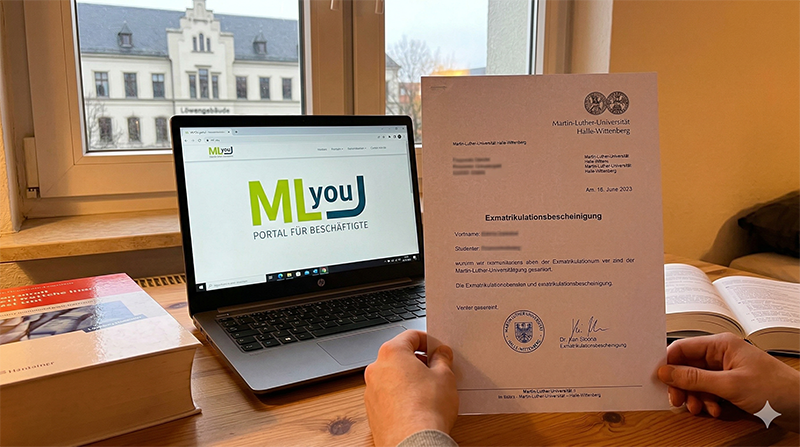 Exmatrikulationsbescheinigung der Martin-Luther-Universität Halle-Wittenberg auf einem Schreibtisch